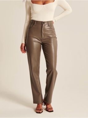 Abercrombie & Fitch Faux Leather Straight Leg Jeans in Taupe